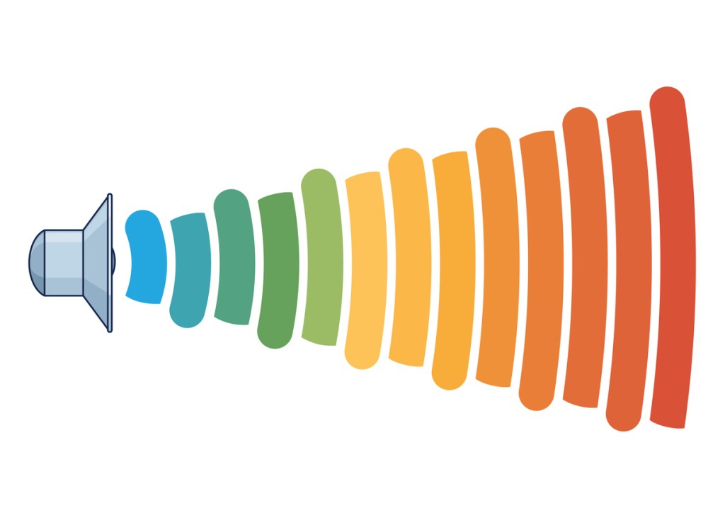 An illustration of a speaker emitting sound waves, depicted in a gradient of colors from blue to green to yellow to red.