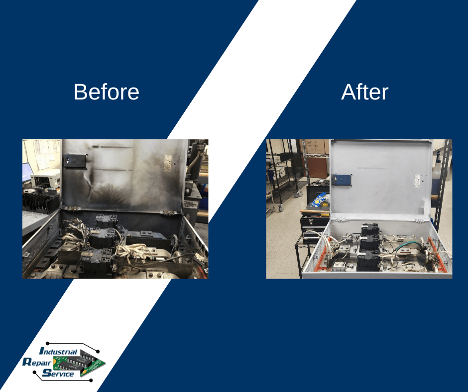 Before and after images of a WEG Soft Starter repair, showing significant restoration from a damaged state to optimal condition.