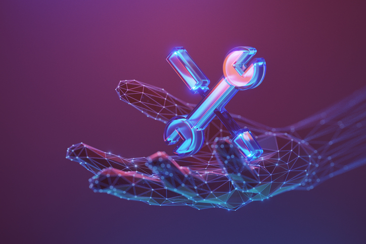 A digital hand holding a glowing, geometric wrench, symbolizing industrial repair and maintenance.
