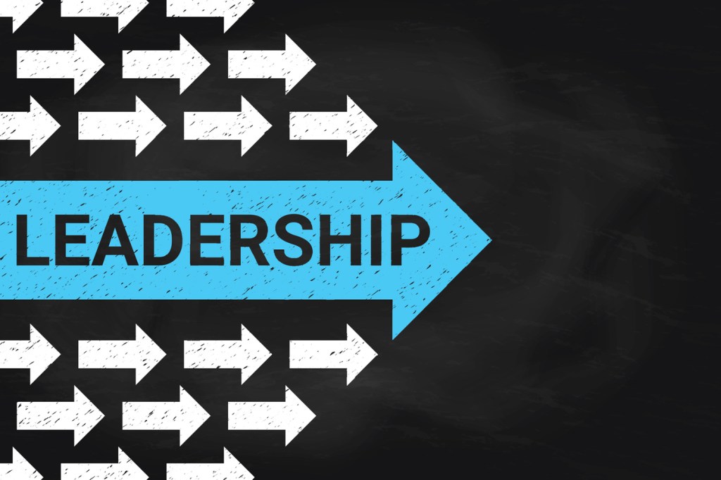 Graphic with white arrows pointing right on a black background, featuring the word 'LEADERSHIP' in bold black letters on a blue banner.