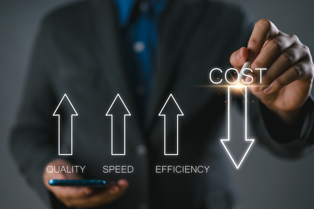 A person in a suit gestures towards the words 'QUALITY', 'SPEED', and 'EFFICIENCY' with arrows pointing up, and 'COST' with an arrow pointing down, symbolizing business strategy and operational improvements.