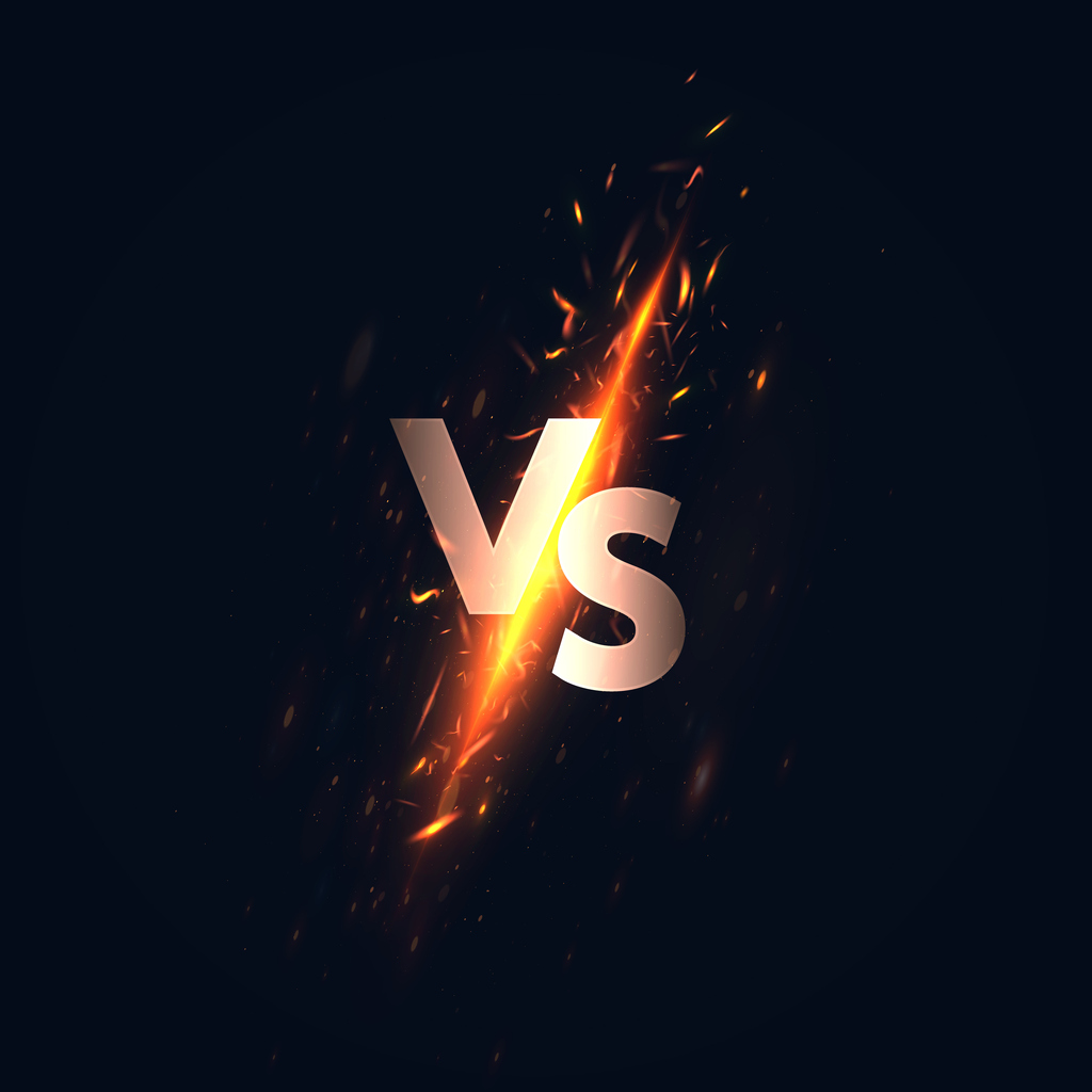 Graphic depicting 'VS' with a glowing effect, symbolizing the rivalry between AC and DC.